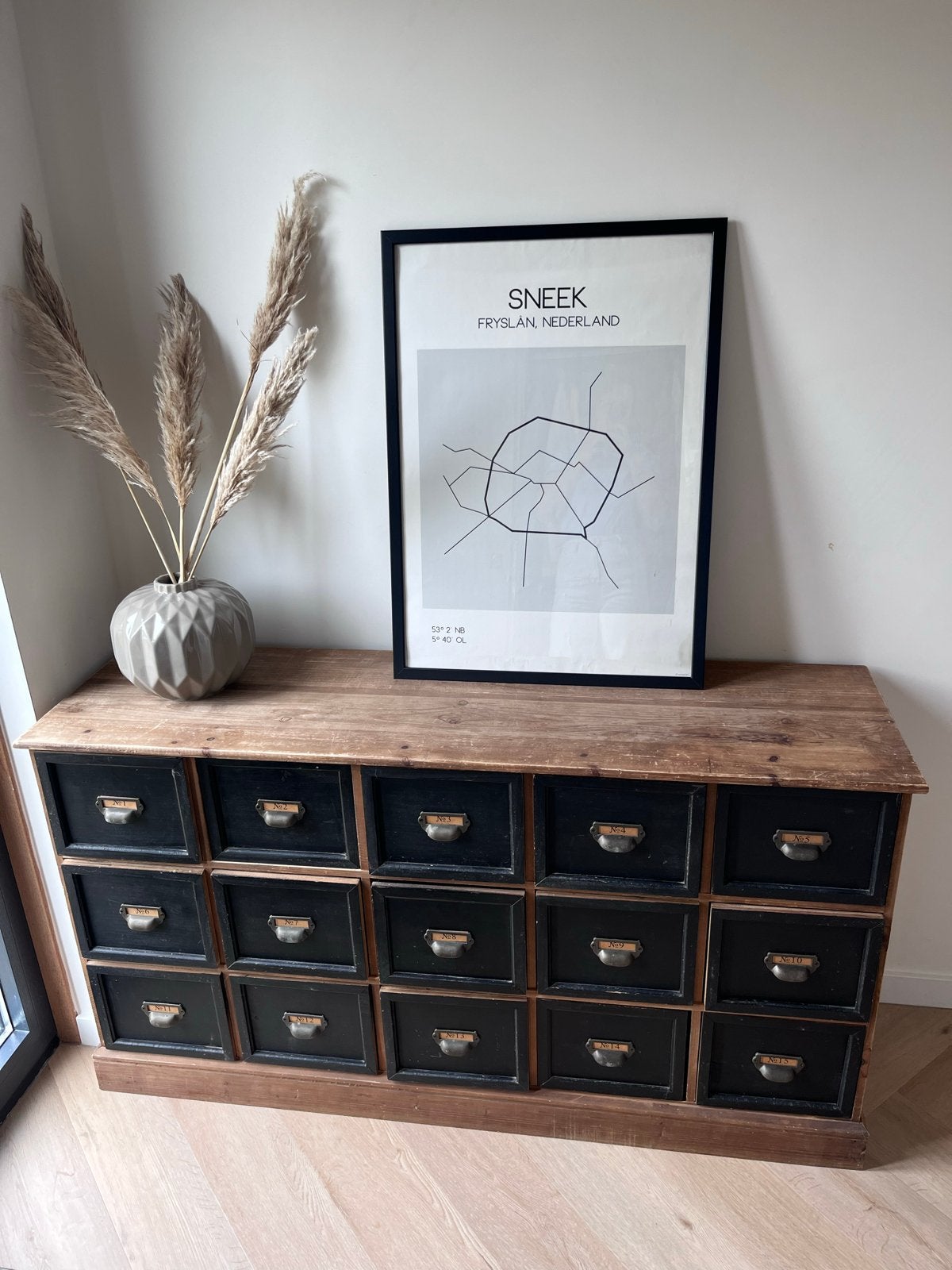 Houten dressoir / apothekerskast met 15 lades, Huis en Inrichting, Kasten | Ladekasten, Ophalen, Gebruikt, 100 tot 150 cm, 25 tot 50 cm