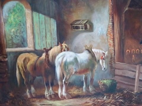 Groot schilderij paarden in stal, gesigneerd P. Verschuur, Antiek en Kunst, Kunst | Schilderijen | Klassiek, Doek, Dieren, Ophalen of Verzenden