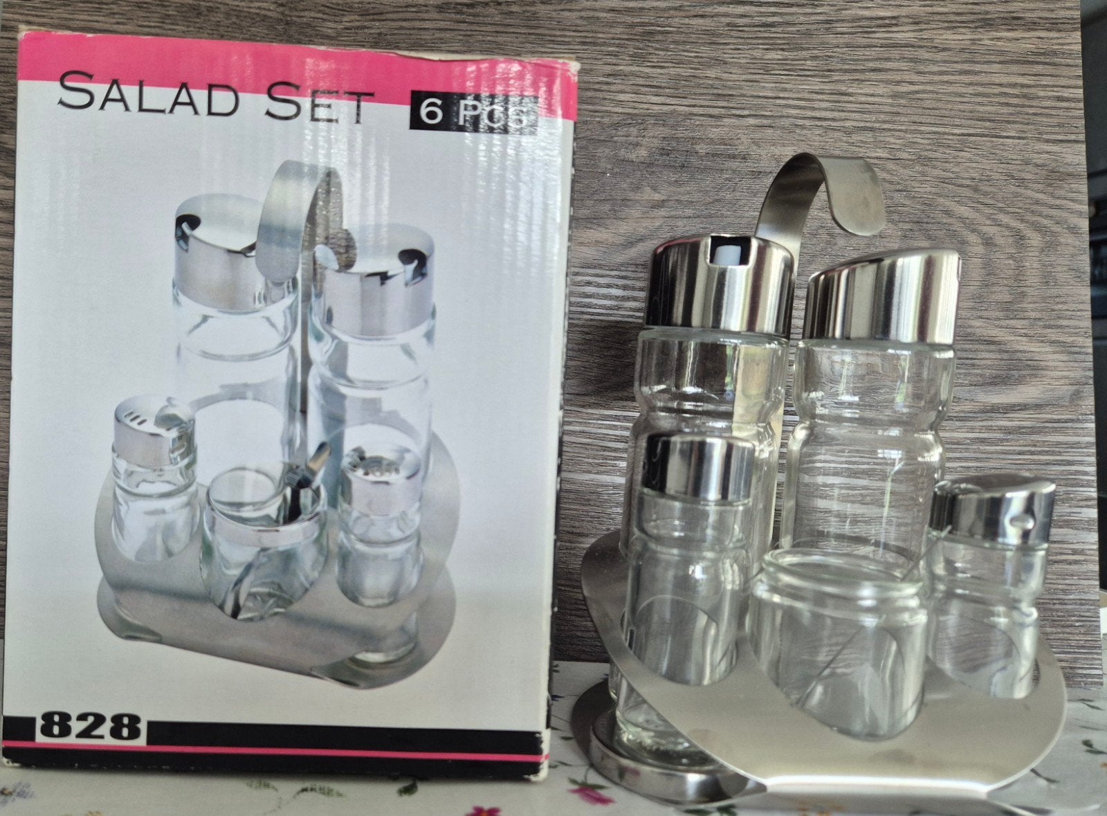 Salade set 6-delig - Olie, azijn, zout, peper, suiker, Ophalen of Verzenden, Overige merken, Glas, Overige typen