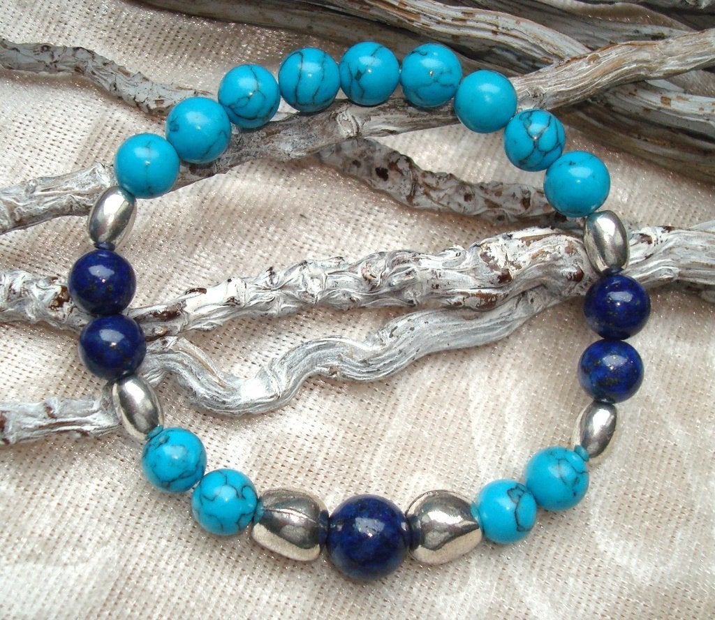 Armband van lapis lazuli en turqoise natuursteen, Sieraden, Tassen en Uiterlijk, Armbanden, Nieuw, Overige materialen, Blauw, Met bedels of kralen