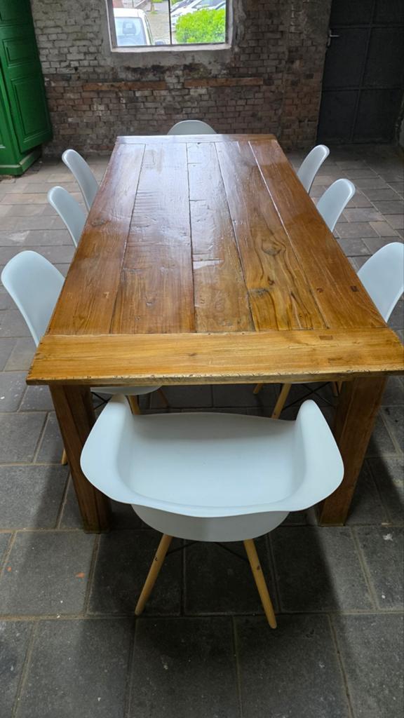 Landelijke tafel 240 cm + 8 stoelen, Ophalen, Gebruikt, 100 tot 150 cm, 200 cm of meer
