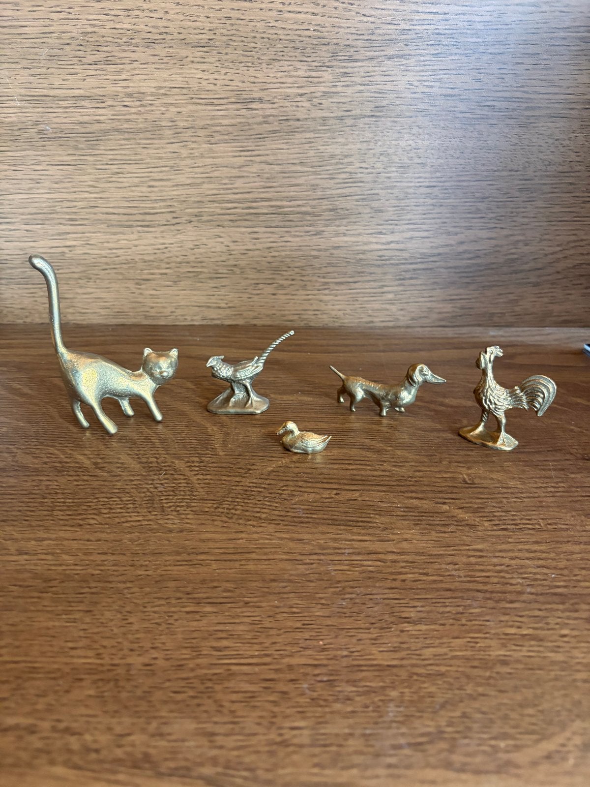 5x vintage messing dierenfiguren kat,teckel,haan,fazant&eend, Vintage, Gebruikt, Ophalen of Verzenden, Goud