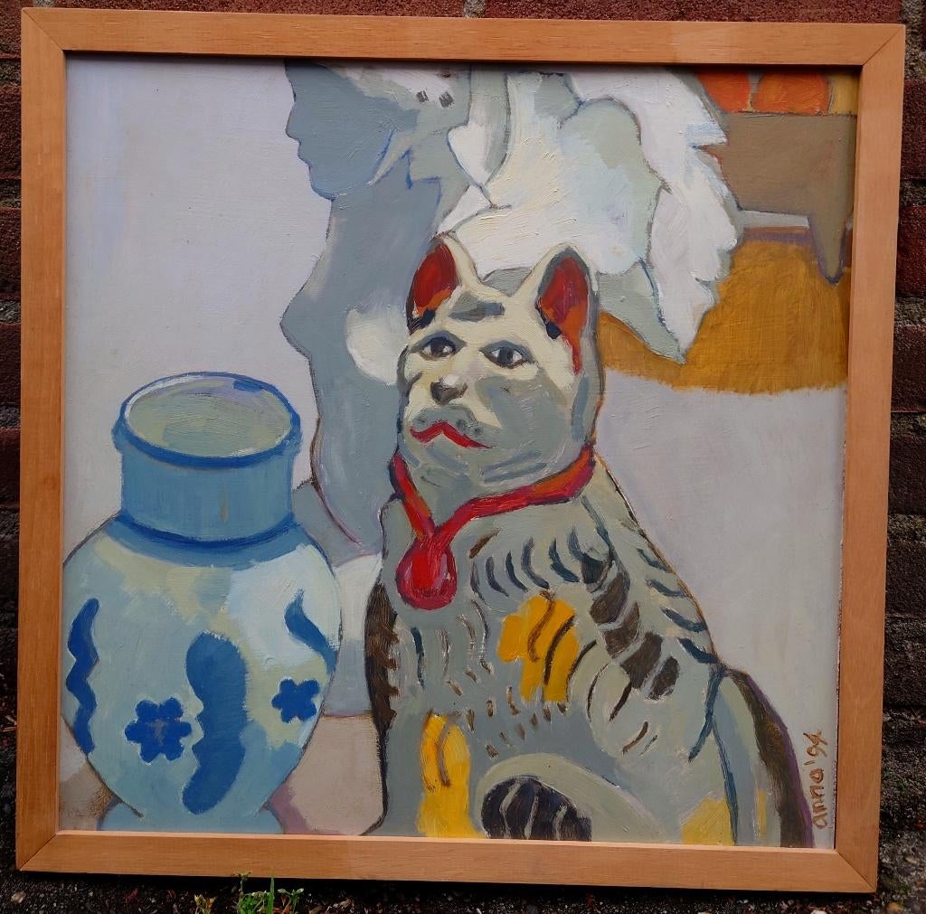 Kat met Chinese porselein vaas, olieverf op paneel 1994 Anna, Antiek en Kunst, Ophalen of Verzenden
