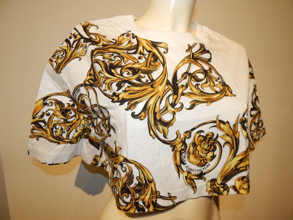 Versace jeans couture kort trendy shirt gouden barok xs/s, Verzenden, Wit, Zo goed als nieuw, Maat 34 (XS) of kleiner