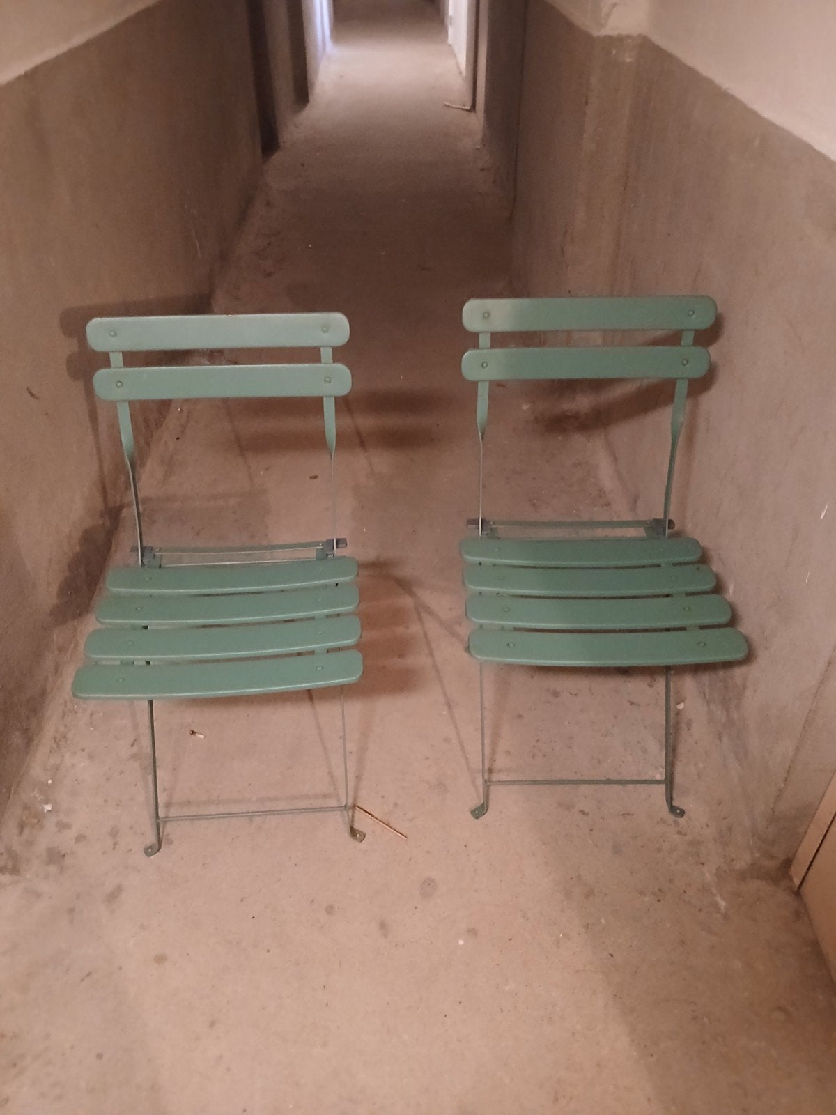Set van 2 inklapbare tuinstoelen - Groen metaal, Ophalen of Verzenden, Gebruikt, Metaal, Inklapbaar