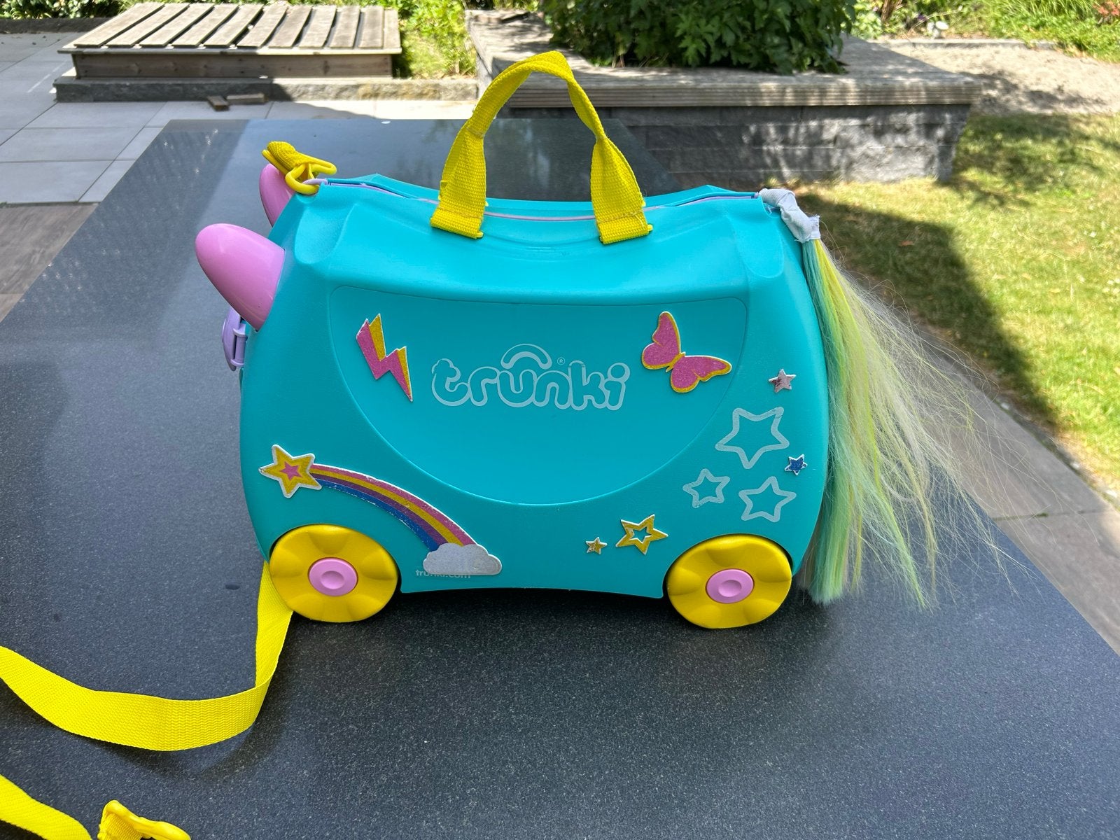 Trunki Eenhoorn Kinderkoffer - Turquoise met Regenboog, 40 tot 60 cm, Gebruikt, Minder dan 35 cm, Wieltjes