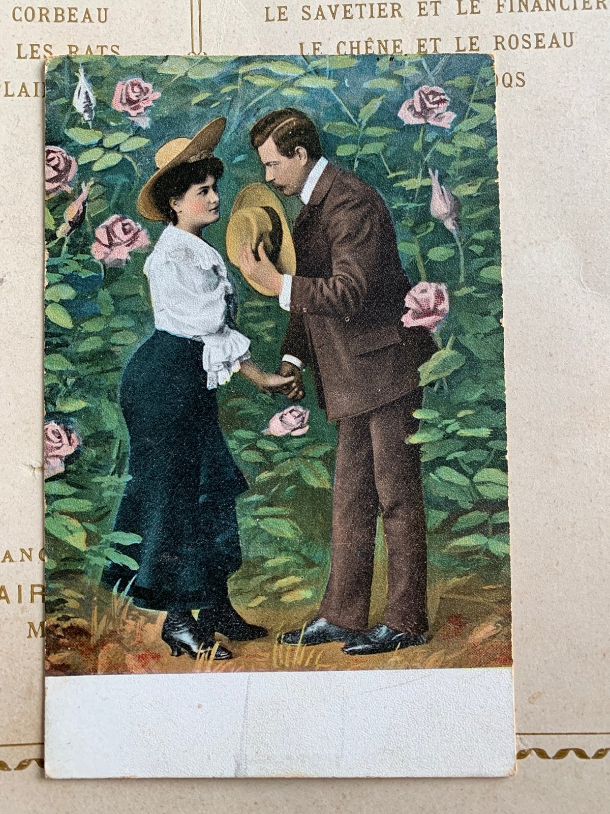 Dame en heer in de rozentuin (HE), Ophalen of Verzenden, Voor 1920, Gelopen, Overige thema's
