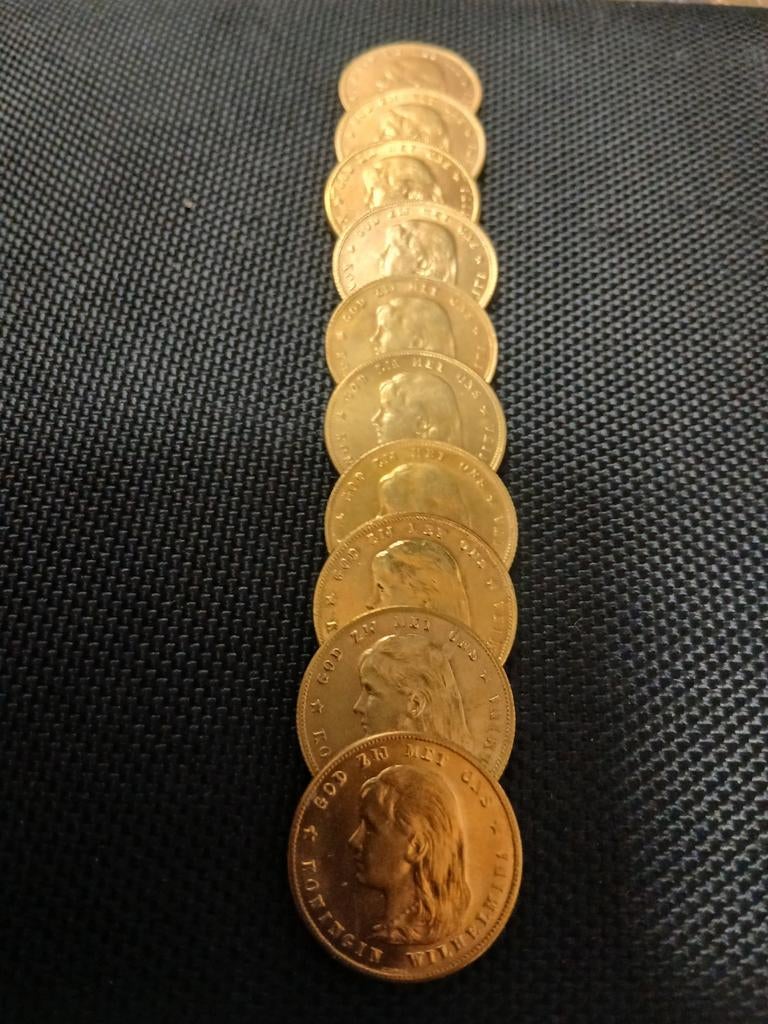 10stk 1897 10 Gulden Wilhelmina goudverguld naslag tientjes, Postzegels en Munten, Munten | Nederland, Goud, Koningin Wilhelmina