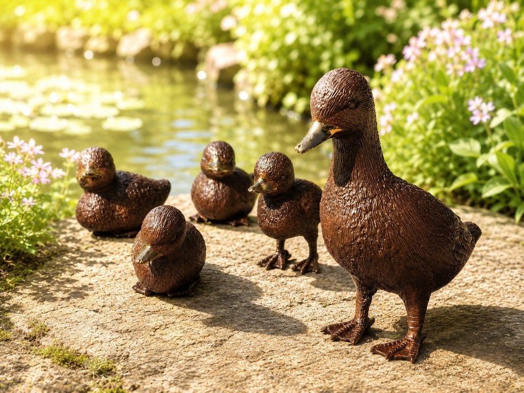 5 bronzen eendjes / bronzen beeld / nieuw / eend / kuikens, Dierenbeeld, Nieuw, Info@huisentuindecoratiemarie.nl, Huis en tuin decoratie marie