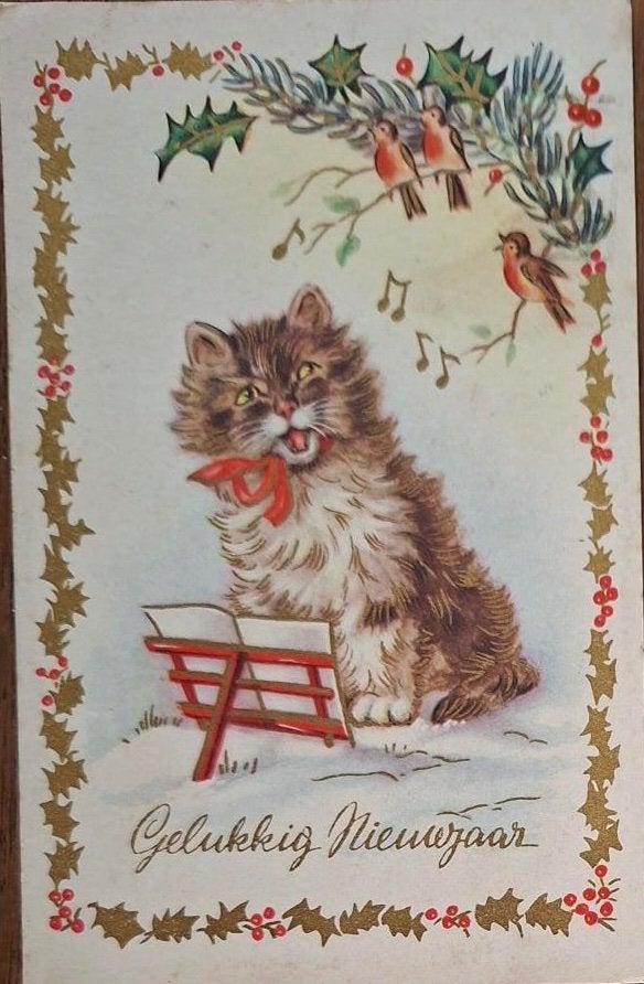 Zingende Poes- Kerstkaart, Verzenden, 1940 tot 1960, Gelopen, Feest(dag)