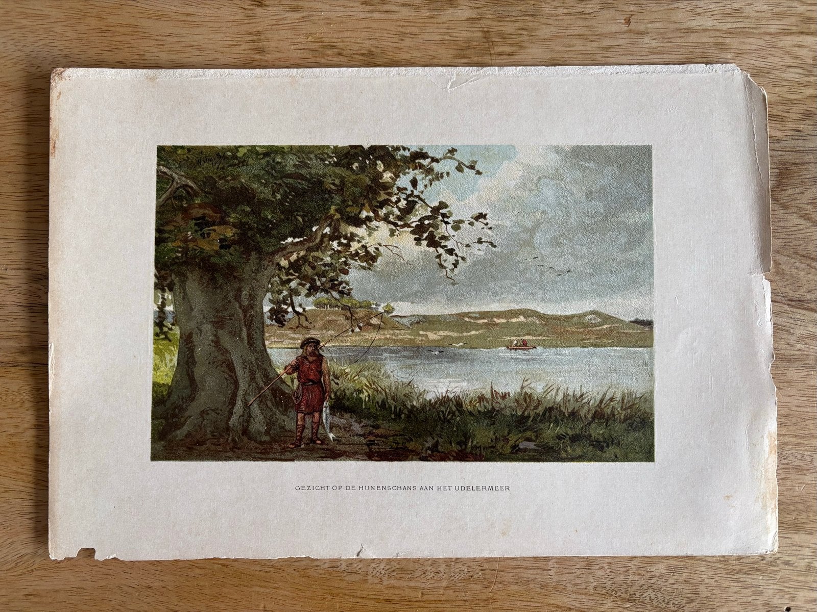 Oude prent: Gezicht op de Huneschans aan het Goedemeer, Handgekleurd, 1800 - 1899, Overige technieken, Ophalen of Verzenden