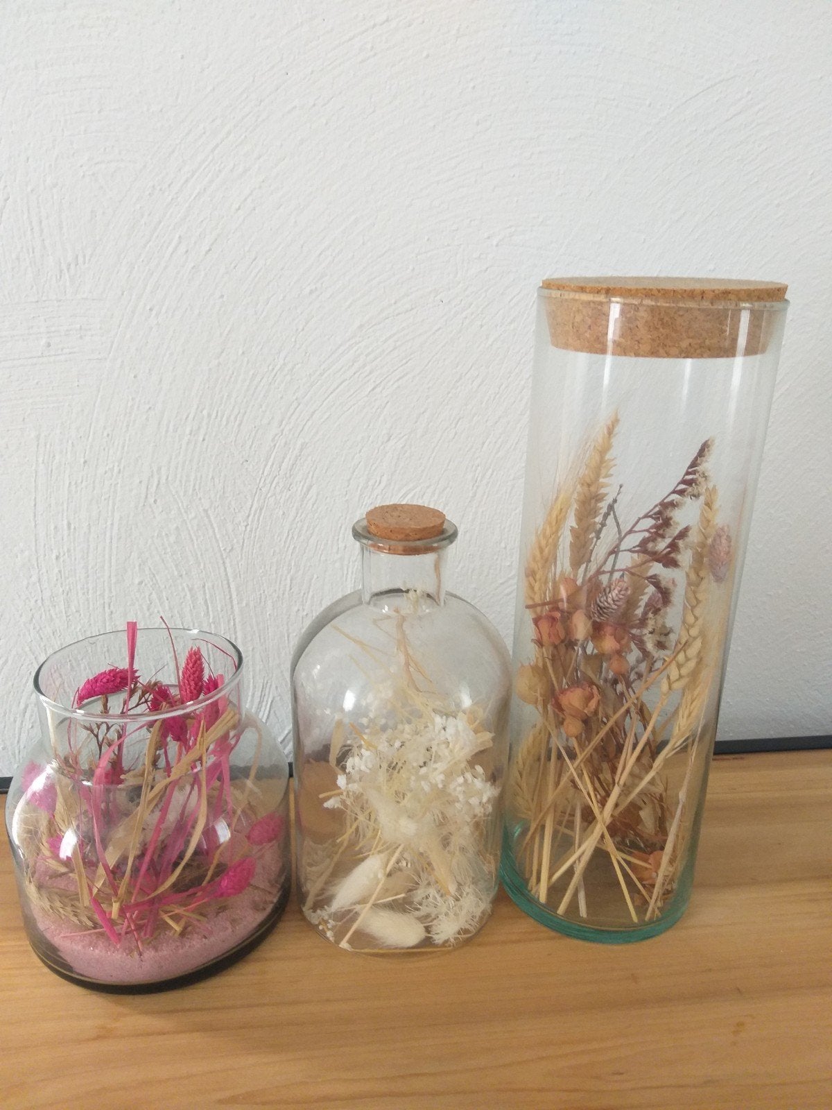 3 stuks verschillende droogbloemen in glas, Ophalen