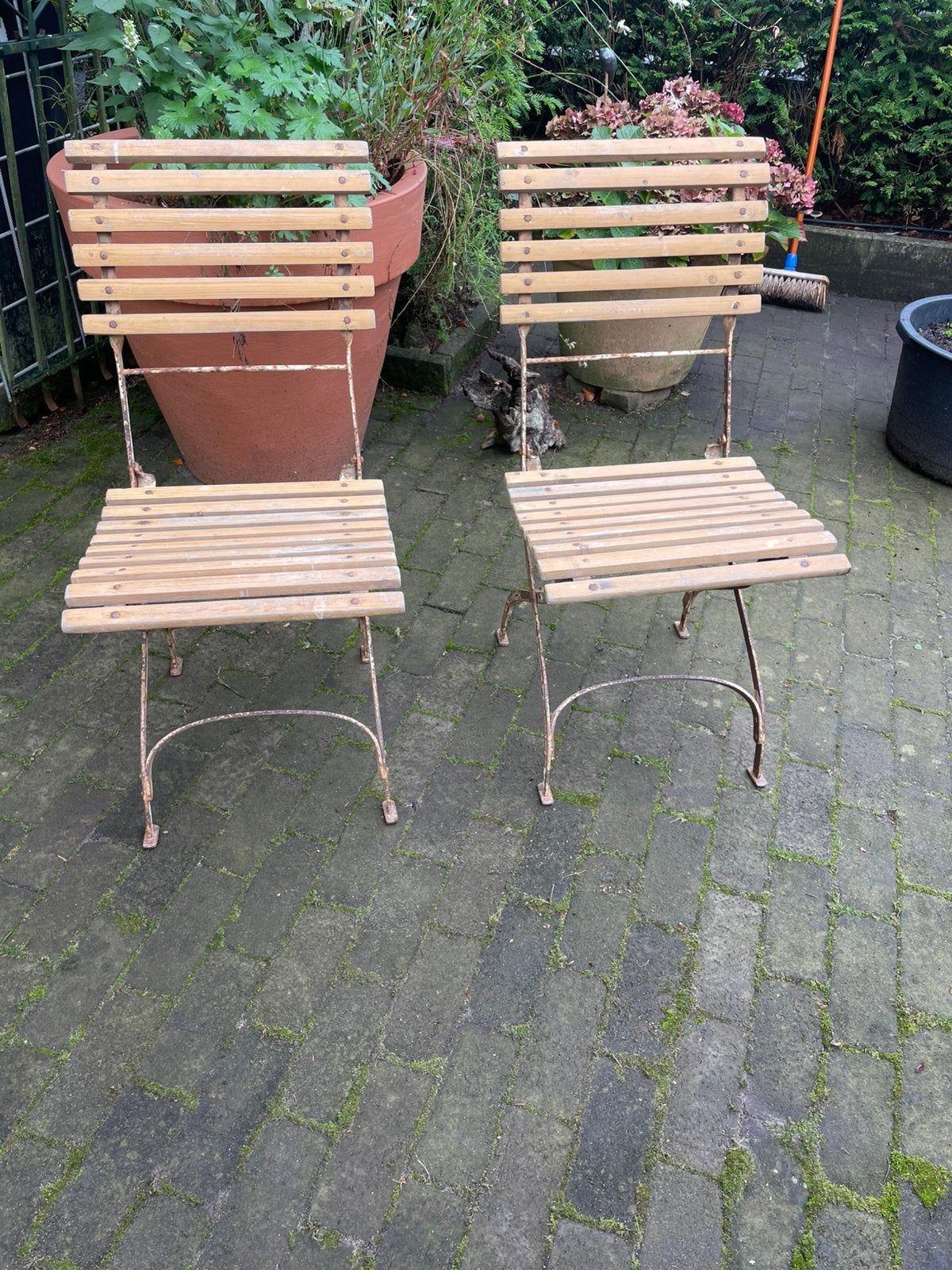 Brocante Franse bistro stoeltjes, Ophalen, Gebruikt, Metaal