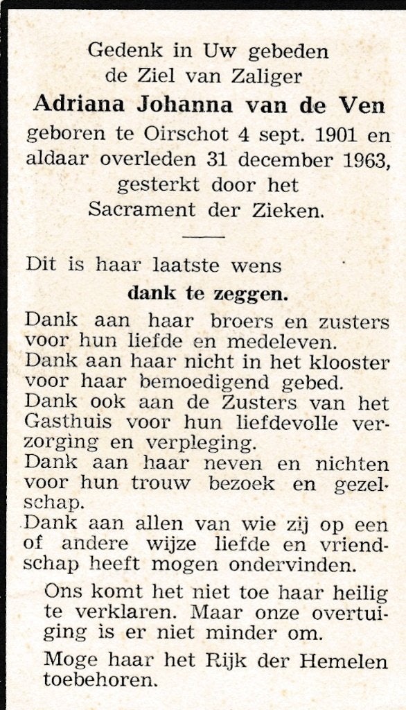 Ven Adriana 1901 Oirschot 1963, Ophalen of Verzenden, Bidprentje