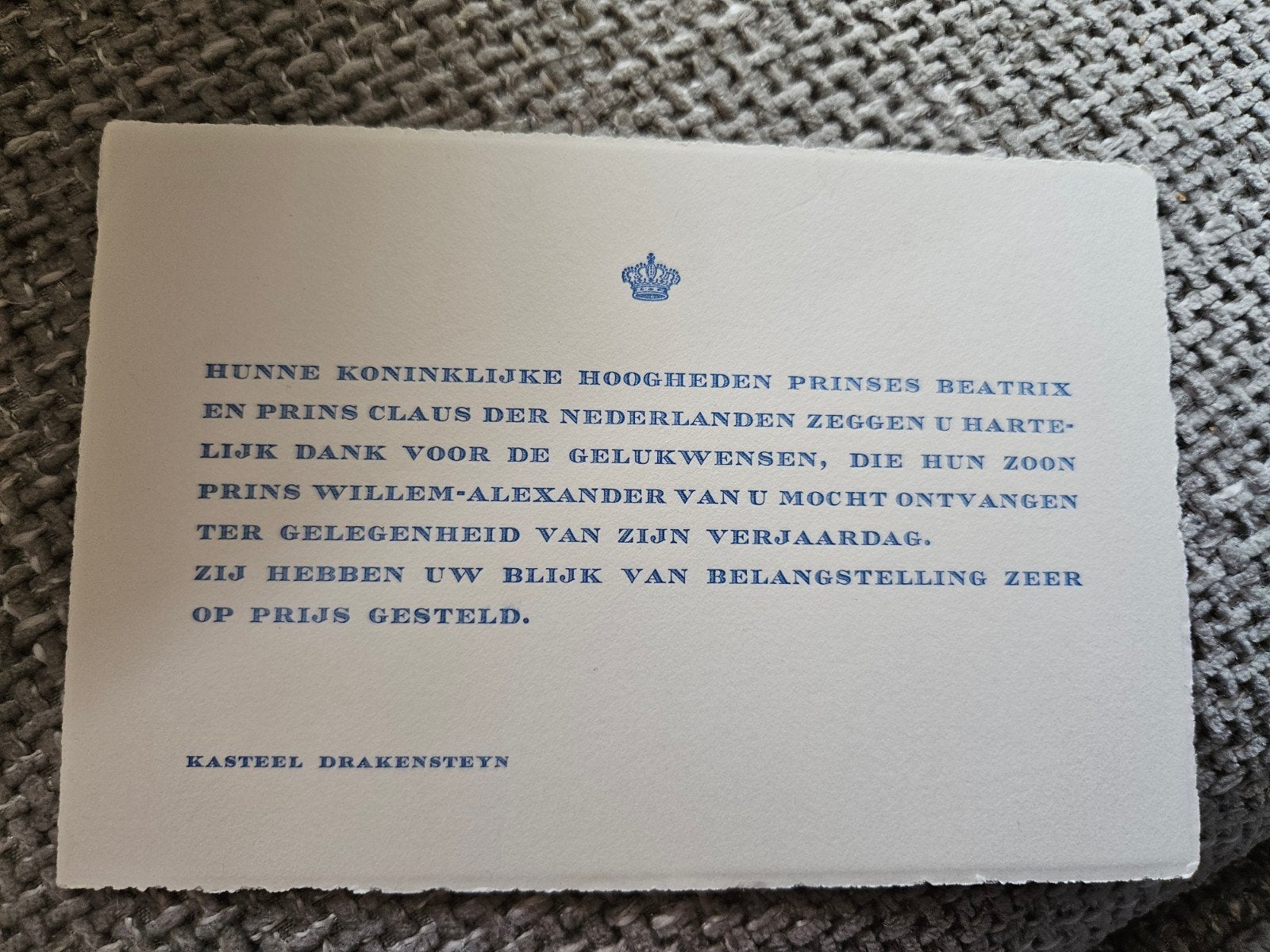 Bedankkaart Beatrix & Claus voor felicitaties Willem-Alexand, Verzamelen, Koninklijk Huis en Royalty, Ophalen of Verzenden