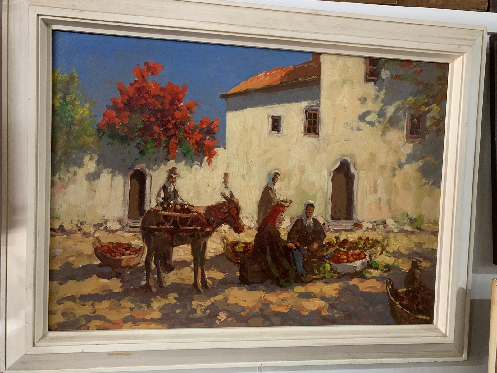 Levendig marktgezicht olieverfschilderij in lijst, Antiek en Kunst, Doek, Realistisch, Ophalen of Verzenden, Handgeschilderd
