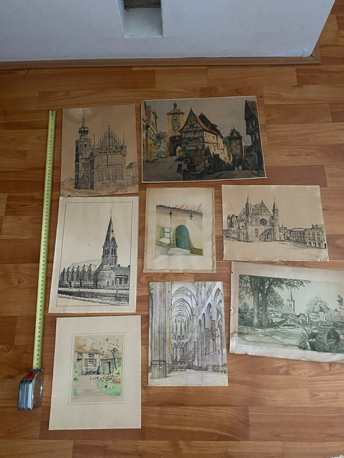 Antieke architectuur tekeningen - Diverse stadsgezichten, Verzenden, Tekening, Potloodtekening, Origineel