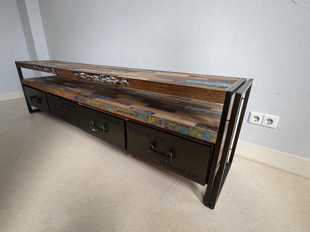 Ladenkast / TV meubel van eikenhout, industriele stijl, Ophalen, Gebruikt, Eikenhout, 200 cm of meer