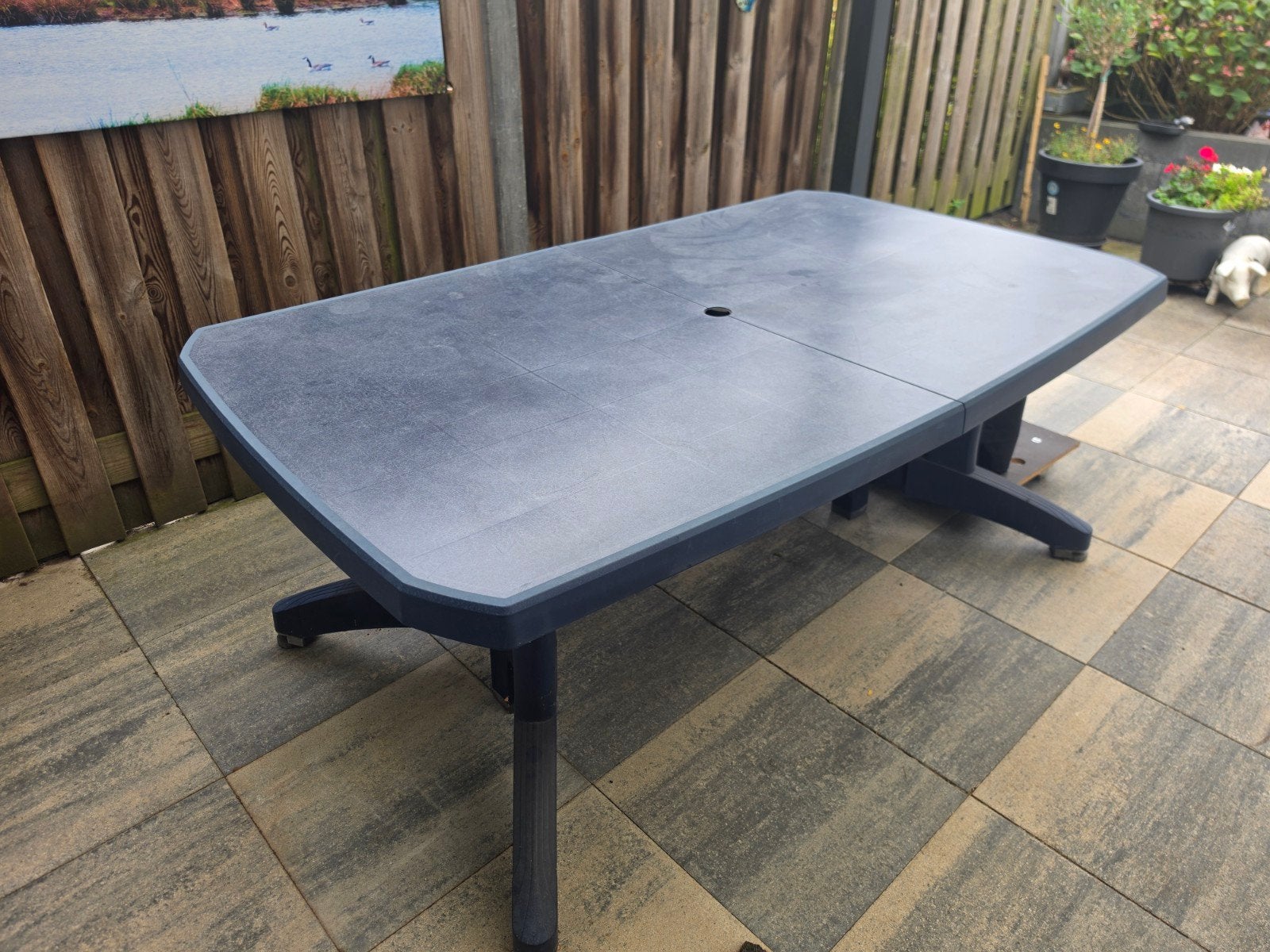 Uitschuifbare tuintafel - Donkerblauw kunststof Hartman, Tuin en Terras, Ophalen, Gebruikt, Rechthoekig, Kunststof