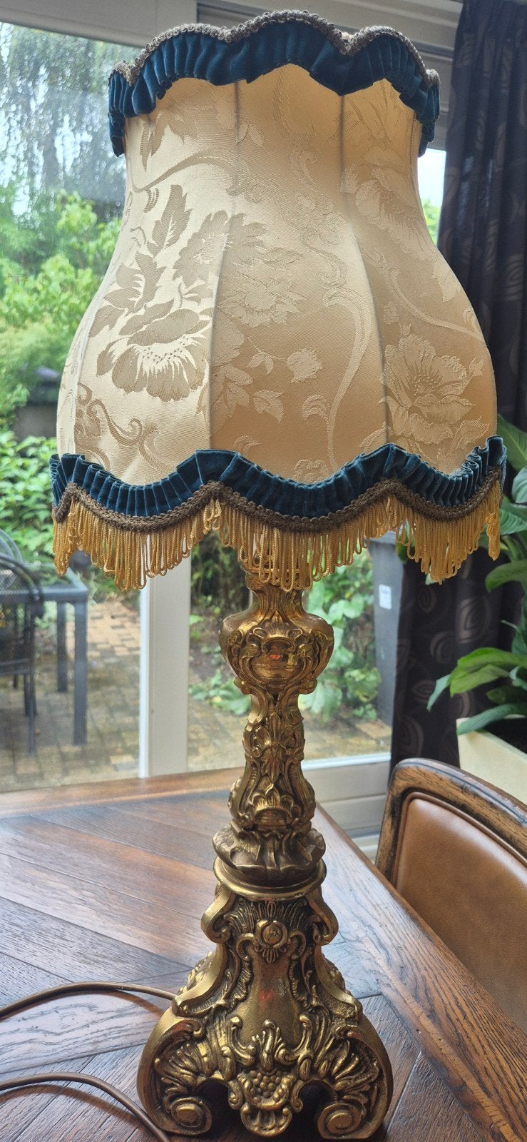 Antieke Messing Tafellamp met Stoffen Kap - 72cm, Ophalen of Verzenden