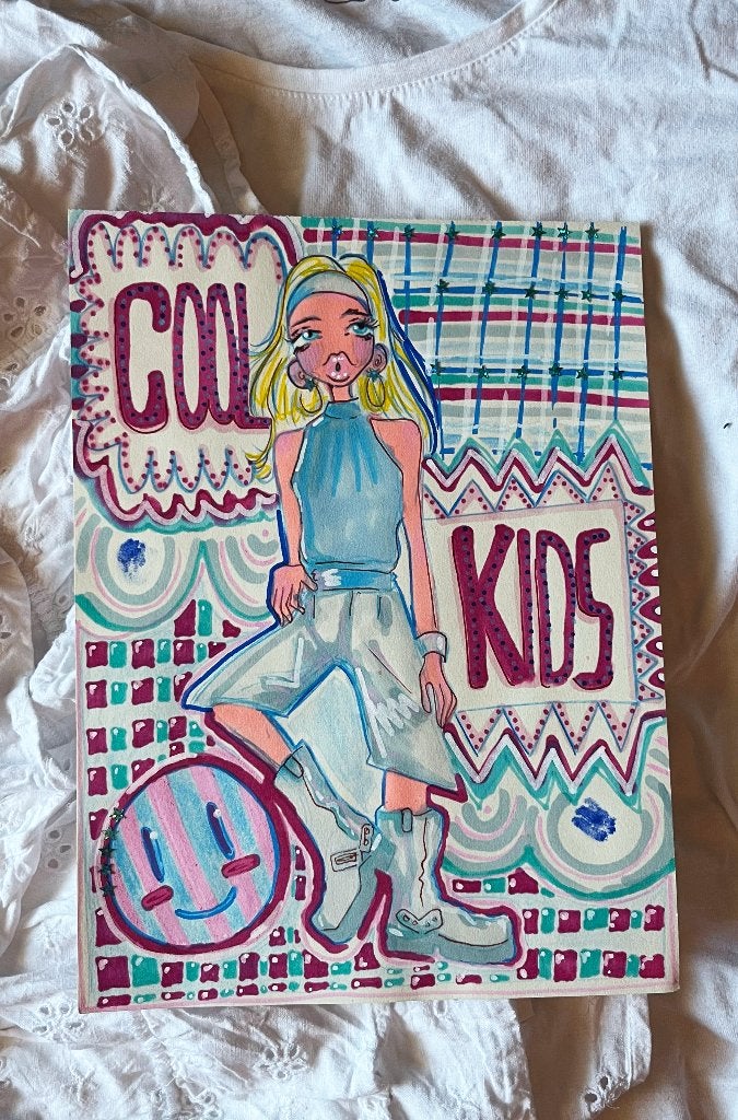 originele illustratie kunstwerk "Cool Kids" , 2026, Antiek en Kunst, Ophalen of Verzenden, Tekening, Gemengde techniek, Handgemaakt