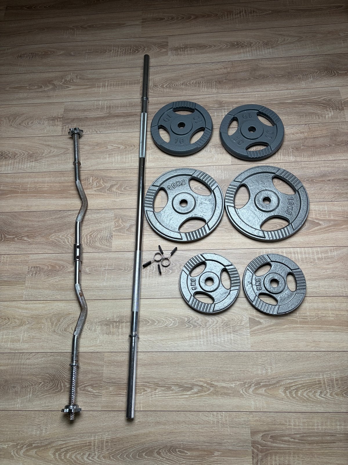 Halterset met gebogen stang, halterstang en schijven, Ophalen, Zo goed als nieuw, Benen, Halterset