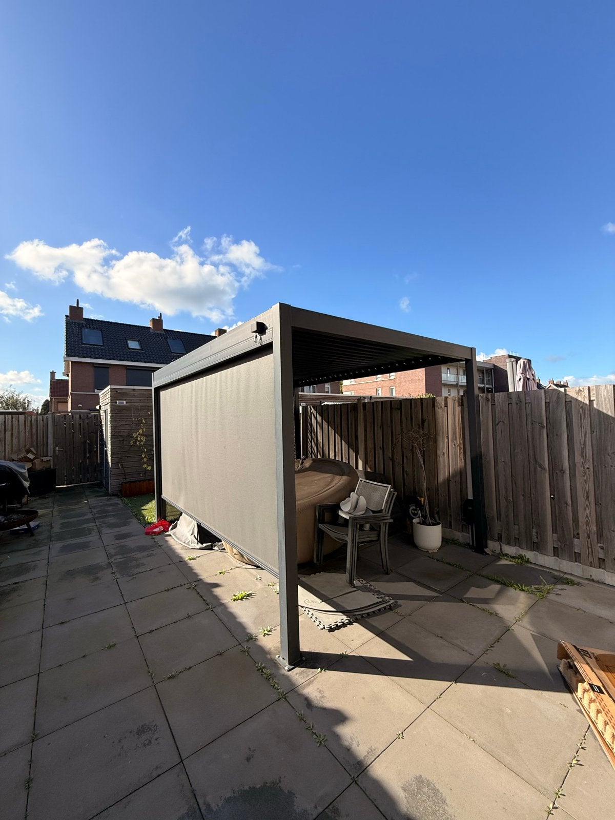 Prieel 4x3m met lamellendak en 2 zonneschermen, Tuin en Terras, Ophalen, Gebruikt, Tuinpaviljoen