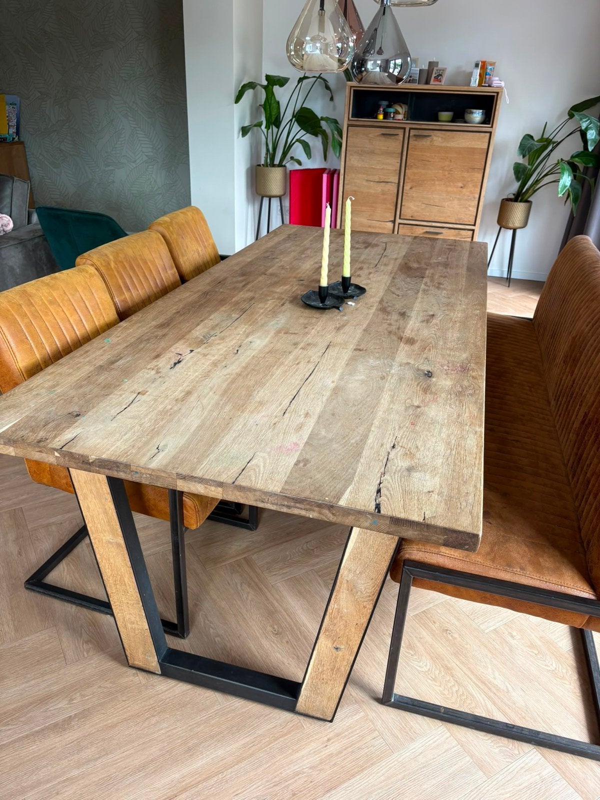Industriële eetkamerbank 185 cm + 3 stoelen cognac/oker, Ophalen, Gebruikt, Overige kleuren, Drie