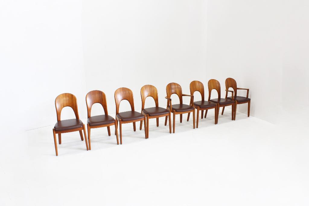 Vintage Deense Mid Century stoelen Niels Koefoed , set van 8, Vintage, design, Bruin, Ophalen of Verzenden, Zo goed als nieuw