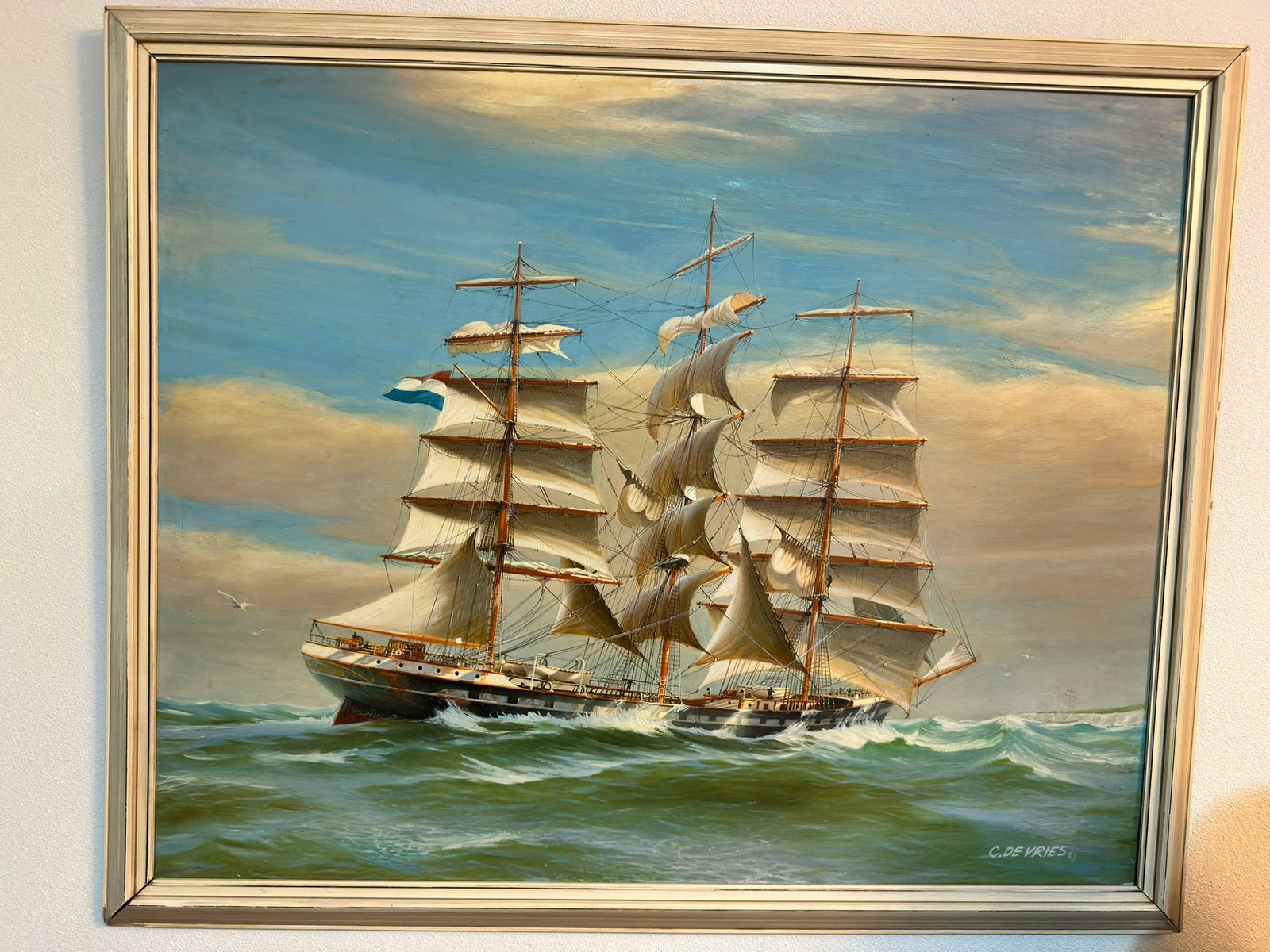 Schilderij van C. de Vries: Indrukwekkend Zeilschip op Zee, Ophalen
