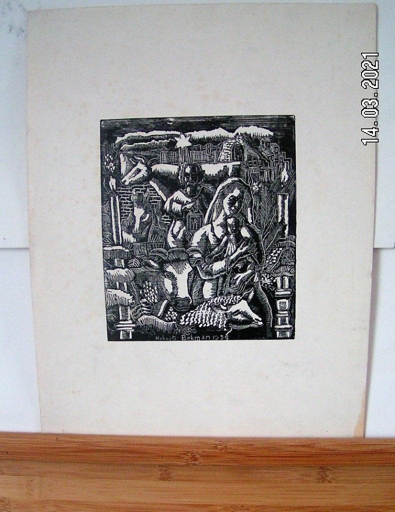 Hubert Bekman Maria en dieren prachtige inkt ets uit, Met tekst, 25 cm, Religie, 20 cm
