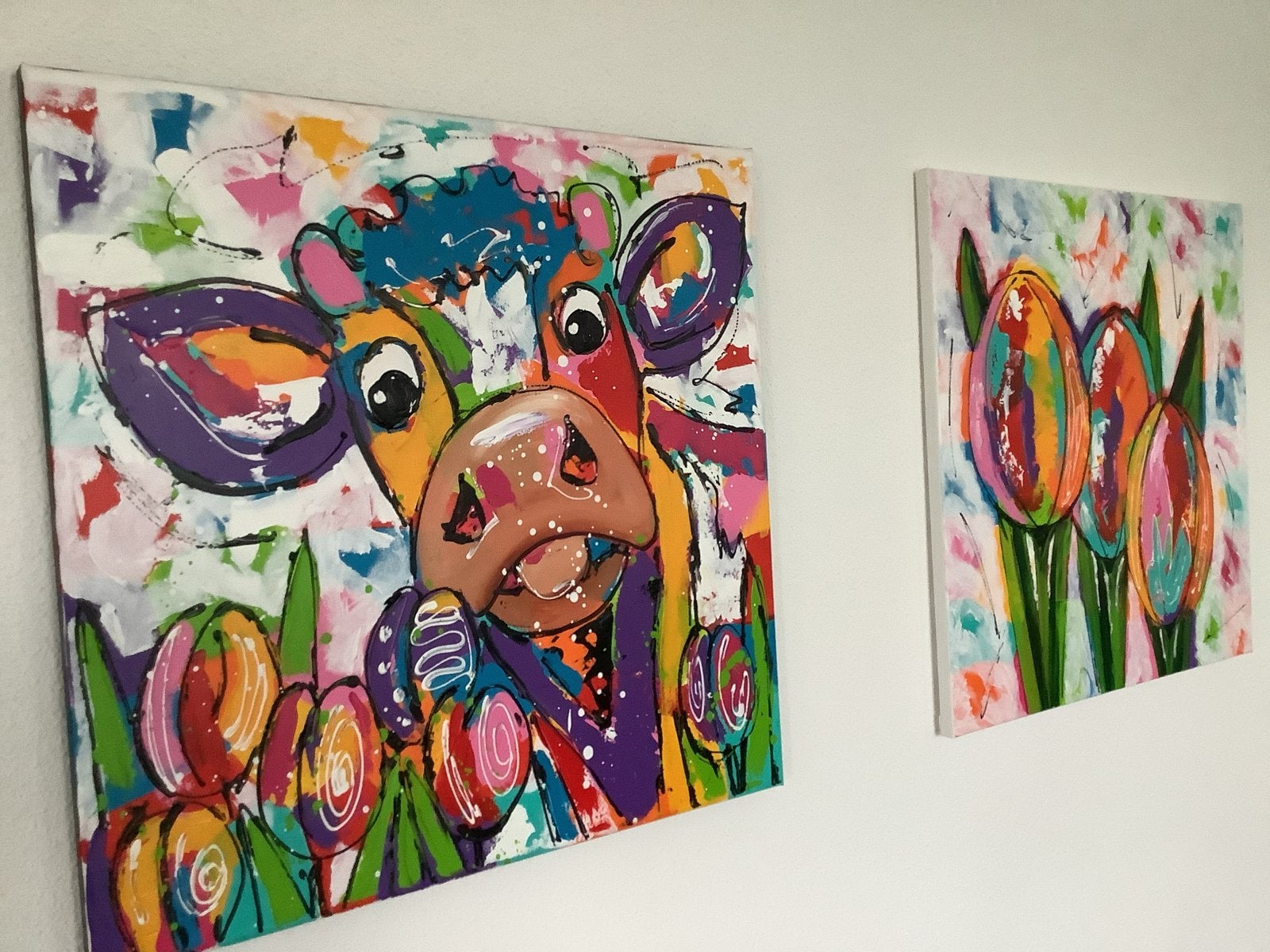 Kleurrijk schilderij koe, Acrylverf, Handgeschilderd, Ophalen of Verzenden, Dieren