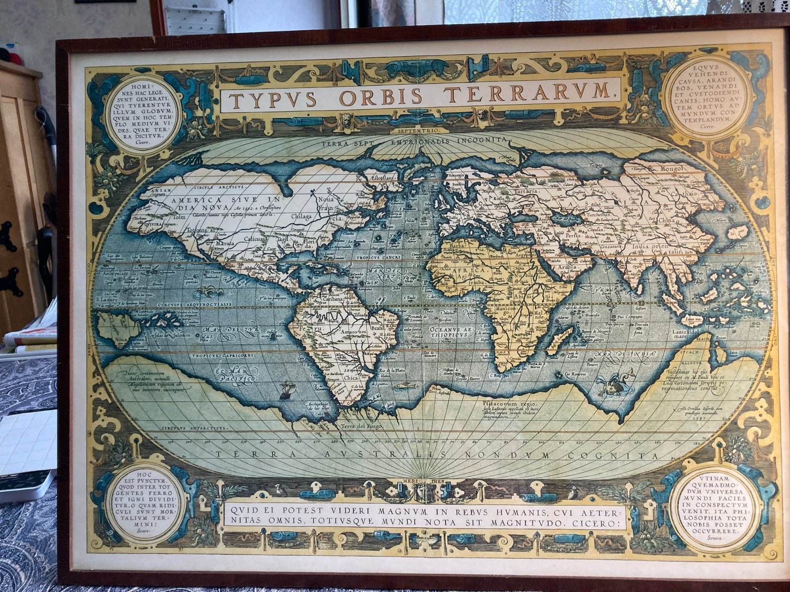 Antieke Wereldkaart 'Typus Orbis Terrarum' (reproductie), Voor 1800, Ophalen of Verzenden, Wereld, Landkaart