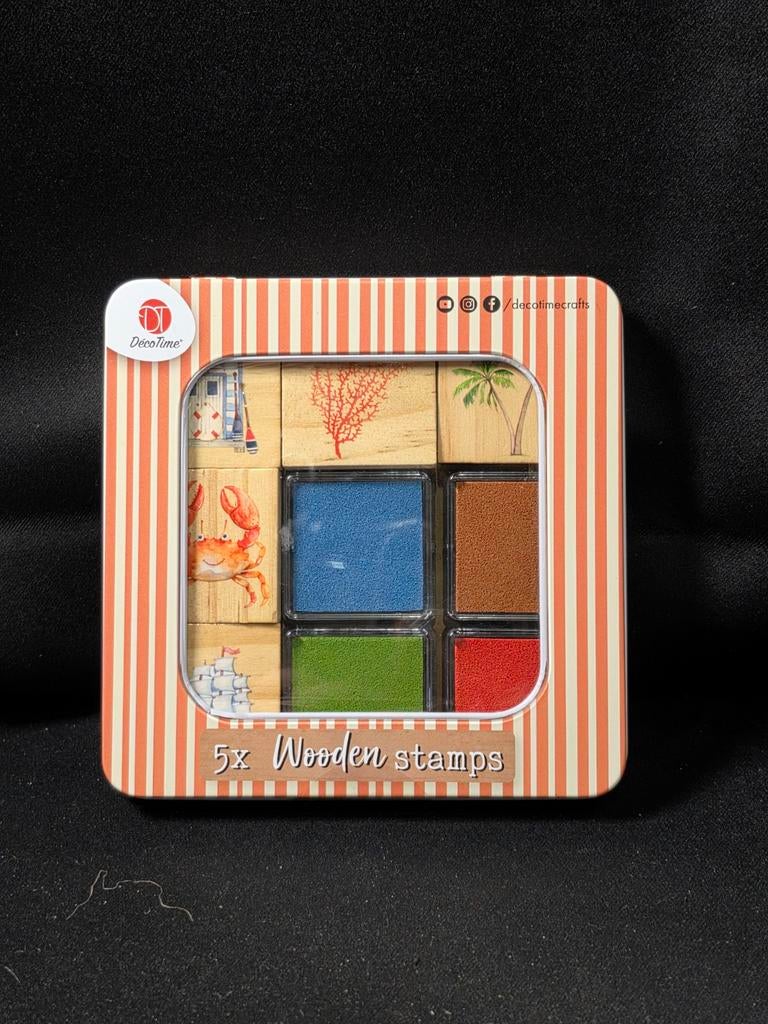 DécoTime Wooden Stamp Set 5 stuks + inktpads, Hobby en Vrije tijd, Houten stempel, ., Nieuw, Ophalen of Verzenden