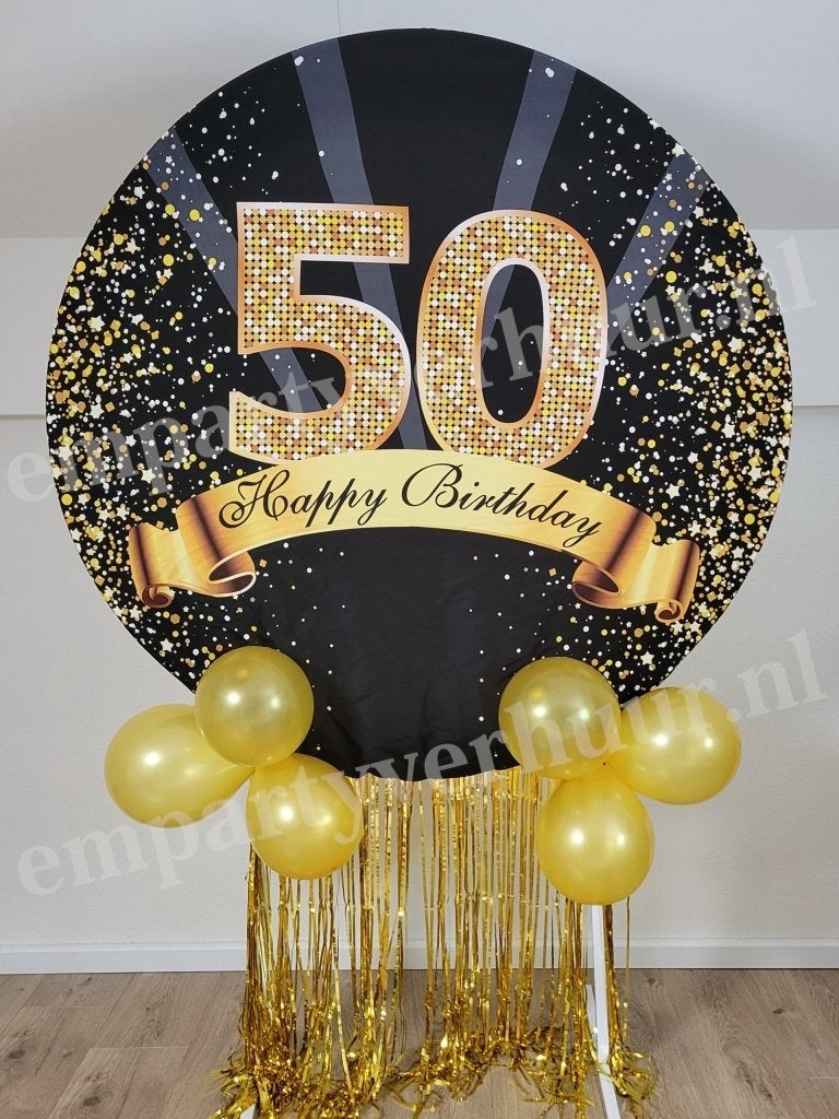 Backdrop Cirkel 50 Happy Birthday SARAH ABRAHAM verjaardag, Ophalen, Zo goed als nieuw, Versiering, Abraham of Sarah