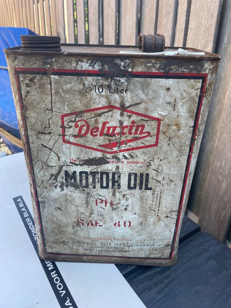 Vintage Deluxin Motorolie Blik 10 Liter - Decoratie, Ophalen, Gebruikt, Overige, Overige merken