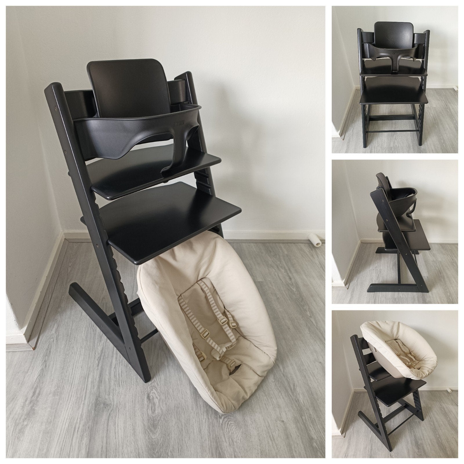 Stokke Tripp Trapp zwart met babyset, newbornset evt. tray, Meegroeistoel, Ophalen of Verzenden, Zo goed als nieuw, X