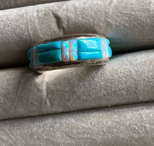 925 prachtige zilveren eternity ring turquoise opaal, 18 tot 19, Nieuw, Ophalen of Verzenden, Dame of Heer