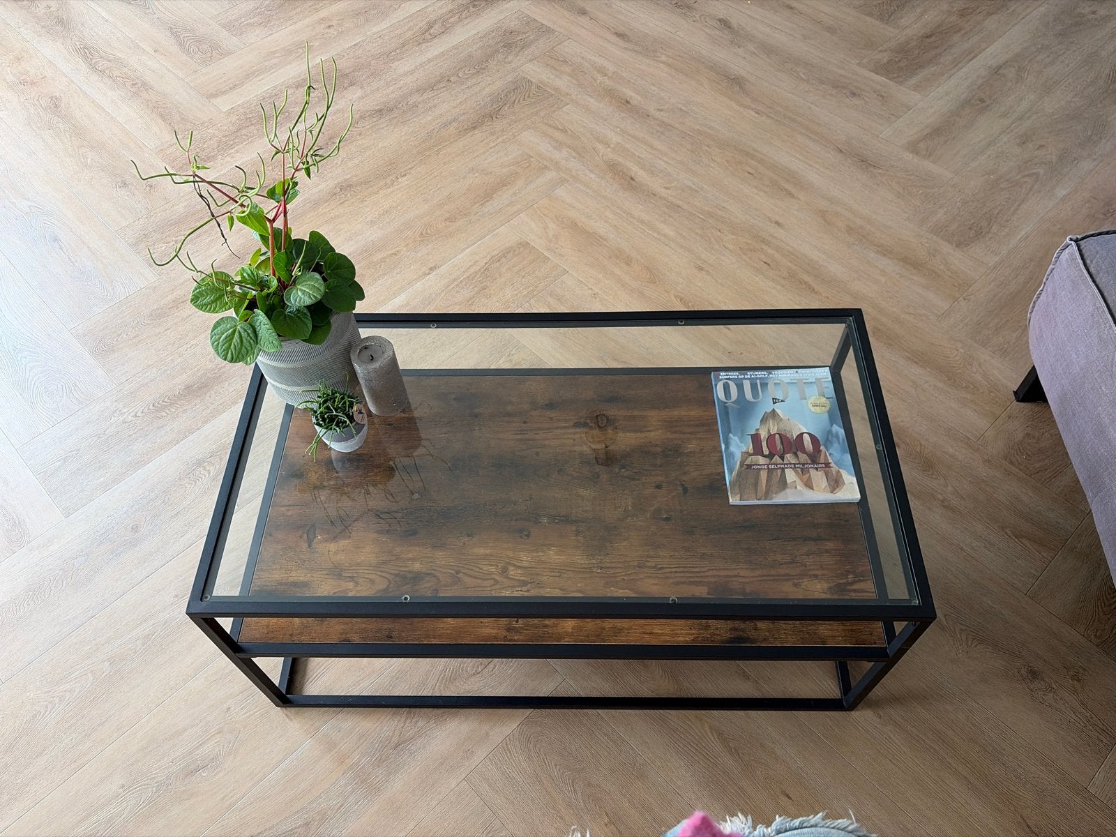 Salontafel met glazen blad en houten plank - L106 B56 H45, Huis en Inrichting, Tafels | Salontafels, Ophalen, 100 tot 150 cm, 50 tot 100 cm