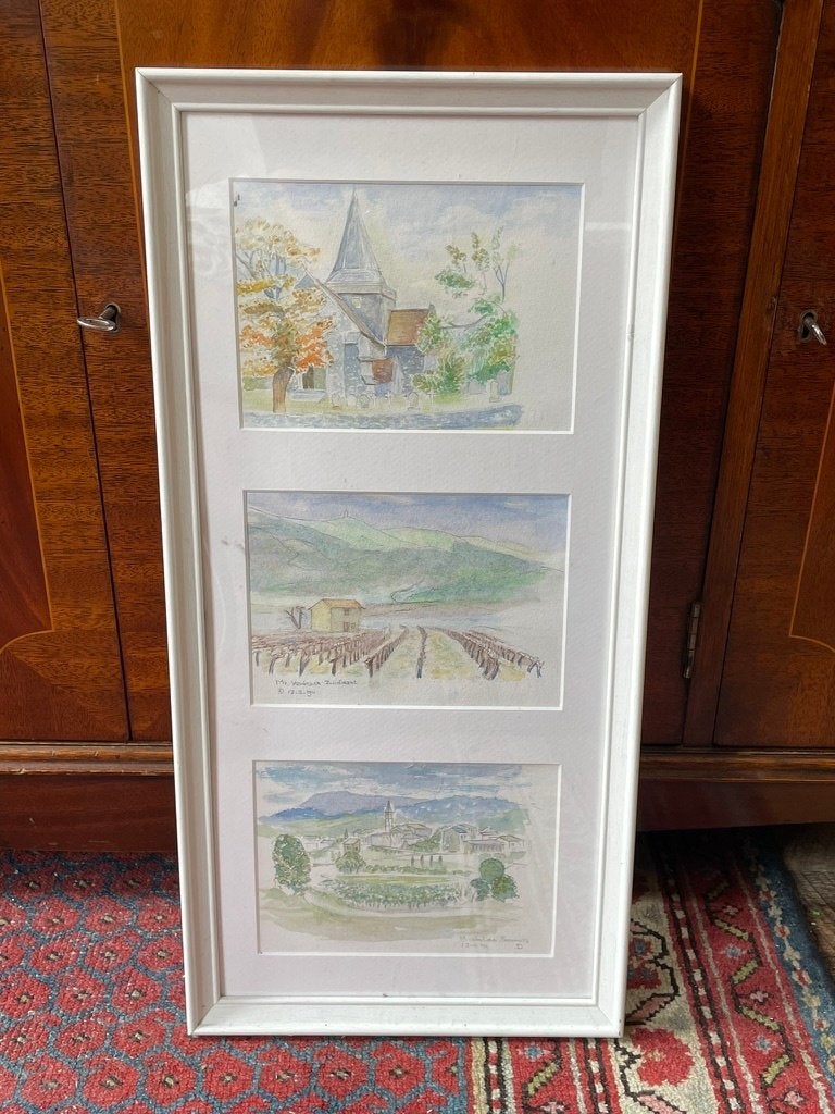 3 aquarellen - Provence (1994), Antiek en Kunst, Kunst | Schilderijen | Modern, Landschap, Aquarel, Kunststof, Achter glas, Gesigneerd