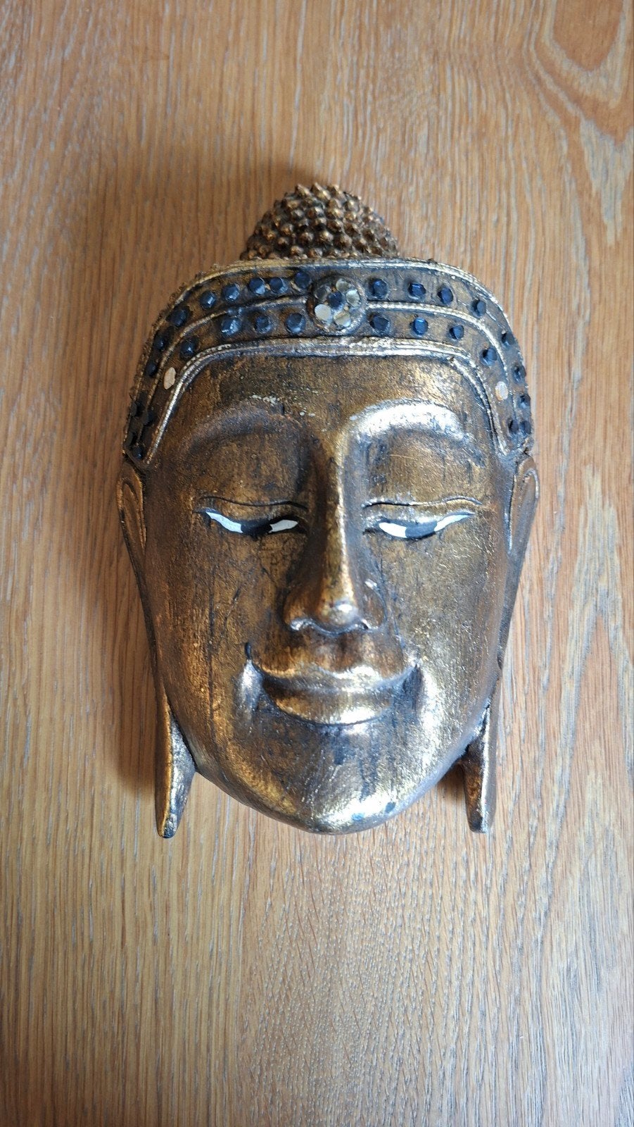 Boeddha maskers wanddecoratie goud/zwart, Huis en Inrichting, Ophalen of Verzenden, Gebruikt, Overige materialen, Goud