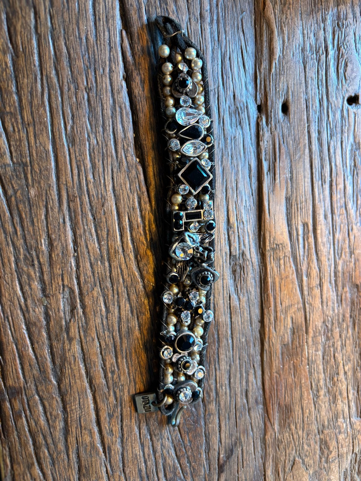 armband met kralen en strass - otazu, Zwart, Leer, Ophalen of Verzenden, Zo goed als nieuw