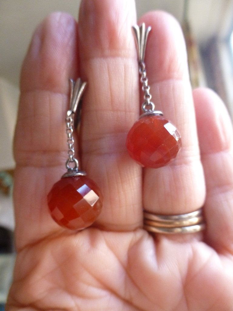 Antieke Zilveren Oorhangers met facetgeslepen CARNEOOL, Sieraden, Tassen en Uiterlijk, Ophalen of Verzenden, Zilver, Oorbellen