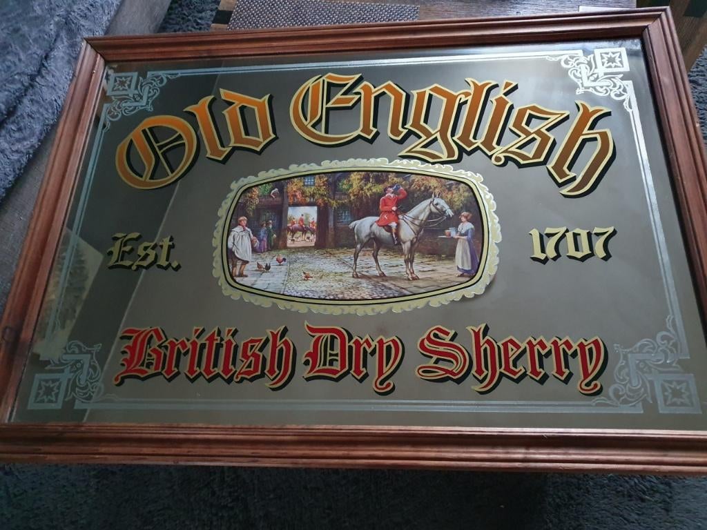 Grote vintage Old English British Dry Sherry' pub spiegel..., Verzamelen, Ophalen of Verzenden, Zo goed als nieuw, Gebruiksvoorwerp