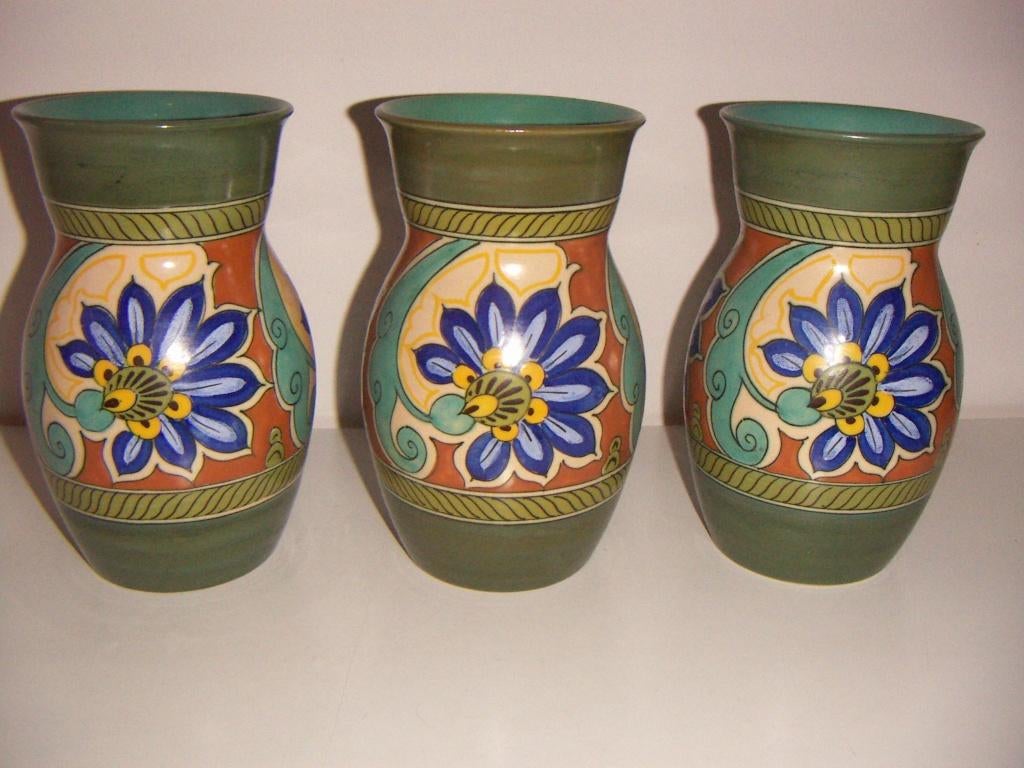3x Zuid Holland Gouda plateel keramiek vazen jr.1950. Regal., Antiek en Kunst, Antiek | Vazen, Ophalen of Verzenden
