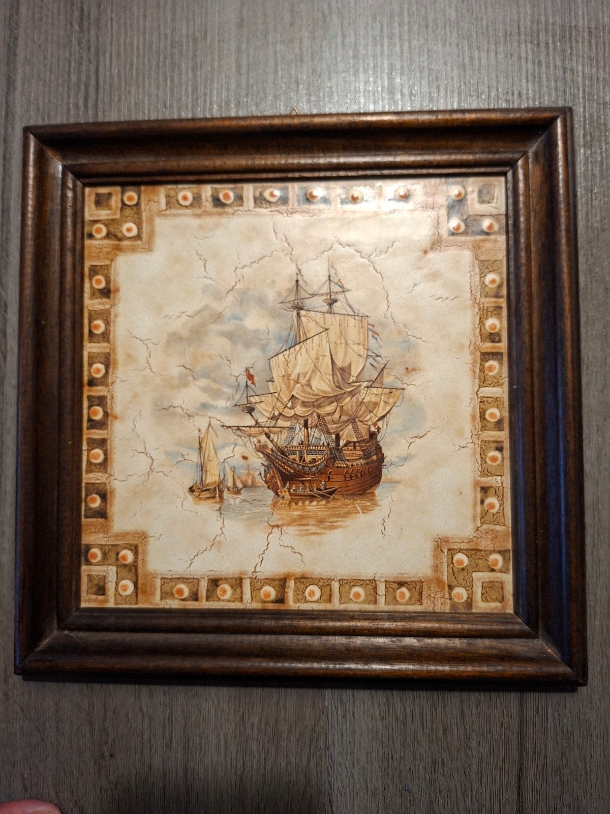 Oud schilderij van zeilschip in houten lijst, Ophalen of Verzenden