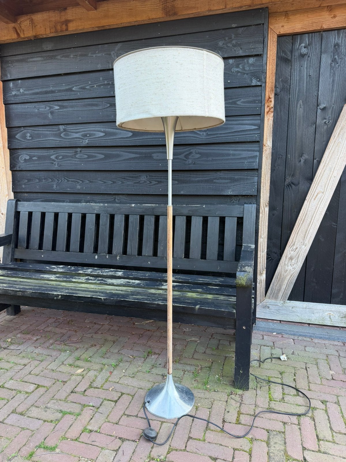 Retro vintage Dijkstra vloerlamp lamp OPKNAPPER, Ophalen, Gebruikt, E27 (groot), Hout