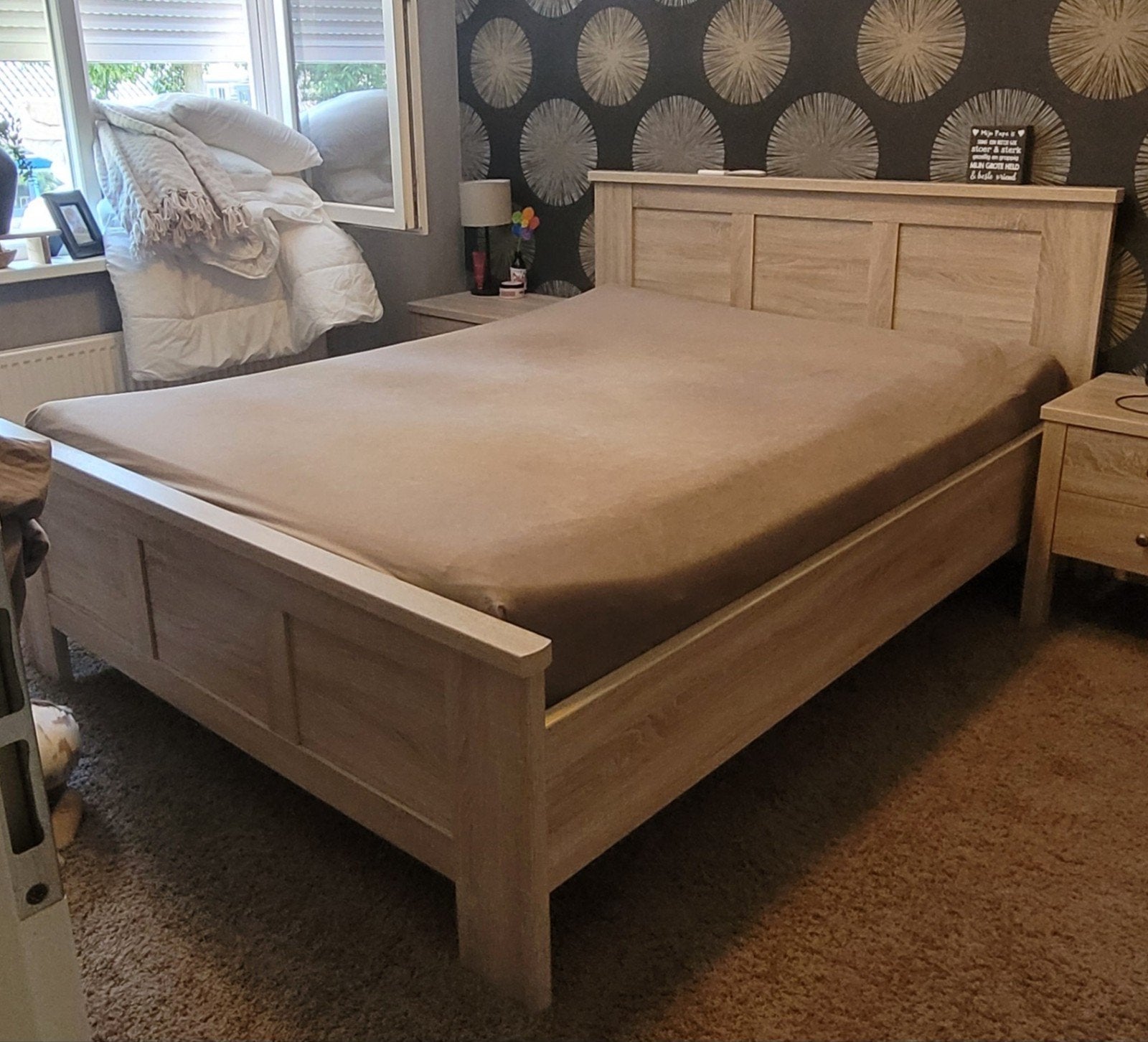 Tweepersoonsbed van licht hout, Ophalen, Tweepersoons, Zo goed als nieuw, 160 cm