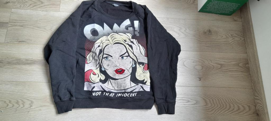 Zwarte trui met pop-art print 'OMG NOT THAT INNOCENT maat l', Kleding | Dames, Zwart, Maat 42/44 (L), Ophalen of Verzenden, Cool cat