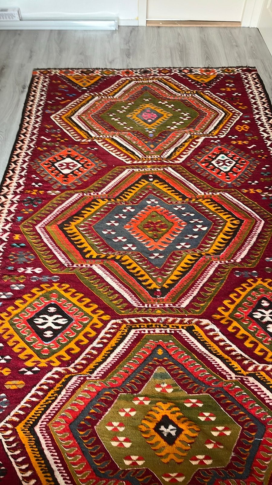 Vintage Handgeweven Kelim Tapijt - Rood/Multi, Ophalen, Gebruikt, 100 tot 150 cm, 200 cm of meer